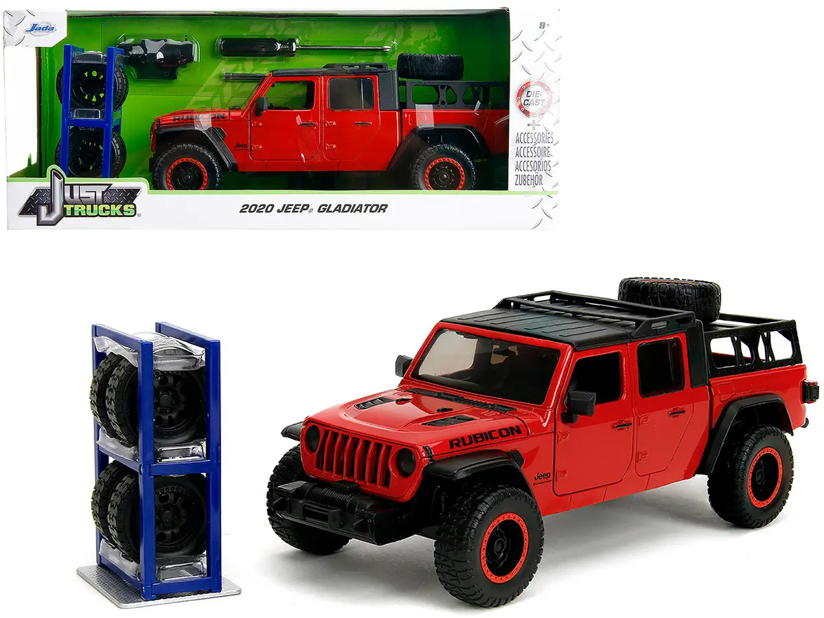 2020 Jeep Gladiator Rubicon Pickup Truck Red With Black Top And Extra Wheels "Just Trucks" Series 1/24 Diecast Model By Jada 1
