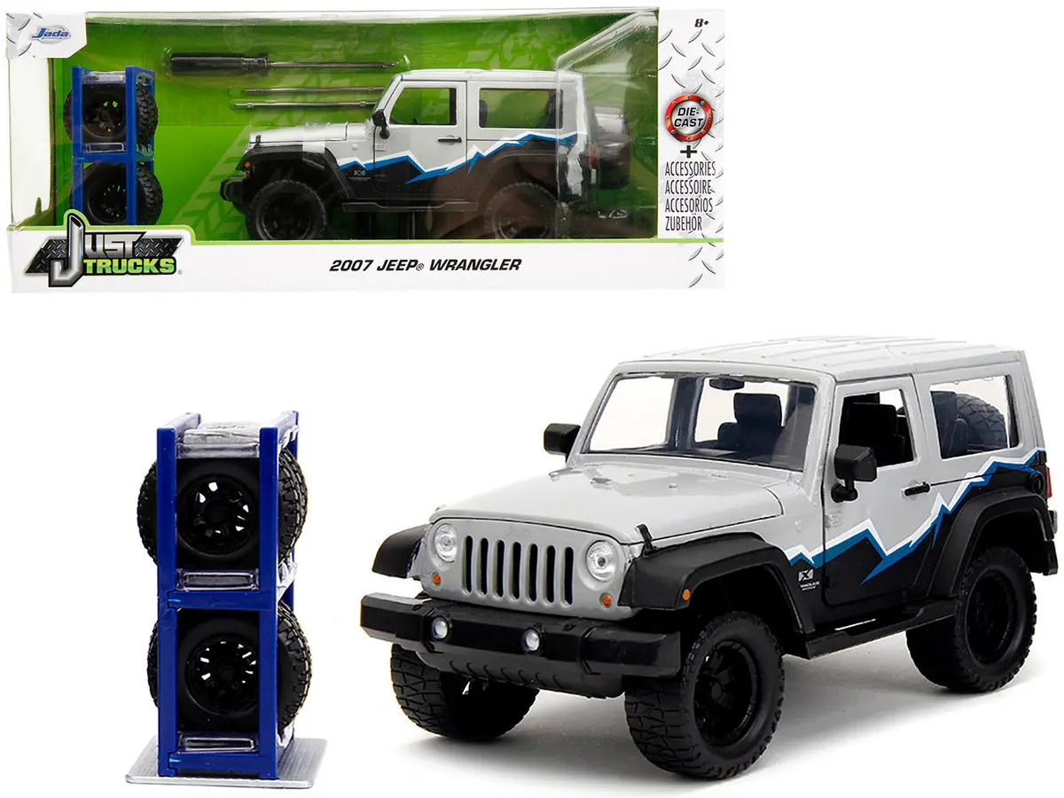 2007 Jeep Wrangler Gray And Black With Blue And White Stripes With Extra Wheels "Just Trucks" Series 1/24 Diecast Model By Jada 1