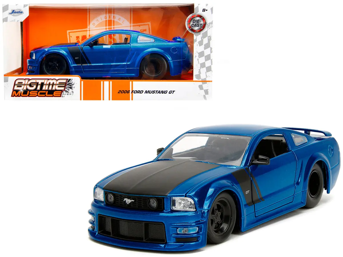 2006 Ford Mustang Gt Blue Metallic With Matte Black Hood And Stripes "Bigtime Muscle" Series 1/24 Diecast Model Car By Jada 1