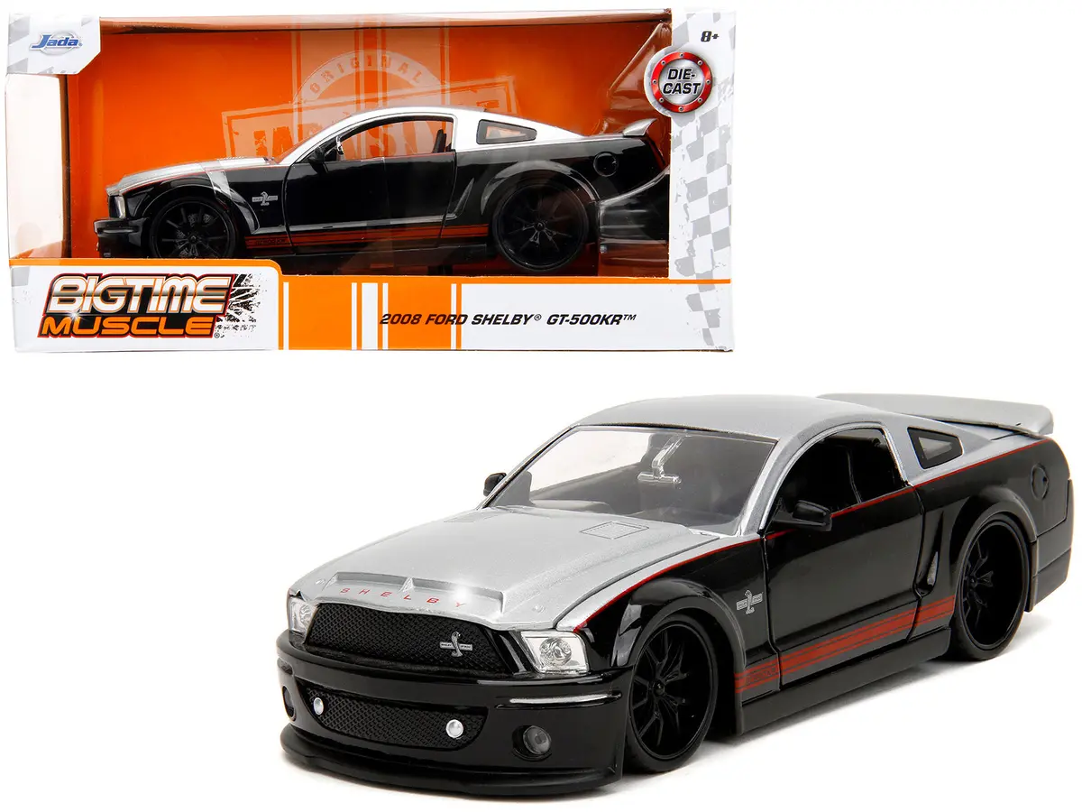2008 Ford Shelby Mustang Gt-500Kr Silver And Black With Red Stripes "Bigtime Muscle" Series 1/24 Diecast Model Car By Jada 1