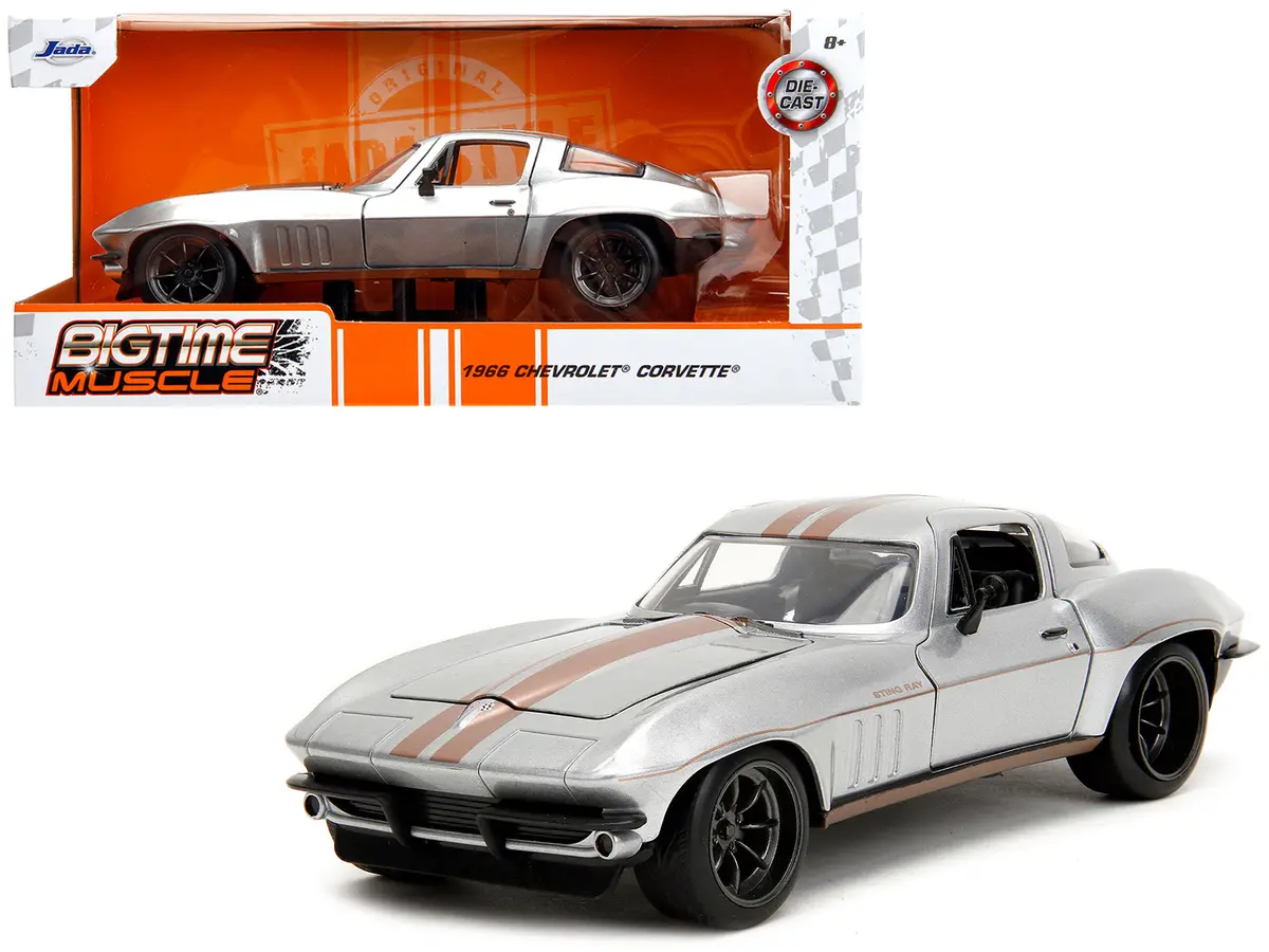 1966 Chevrolet Corvette Silver Metallic With Bronze Stripes "Bigtime Muscle" Series 1/24 Diecast Model Car By Jada 1