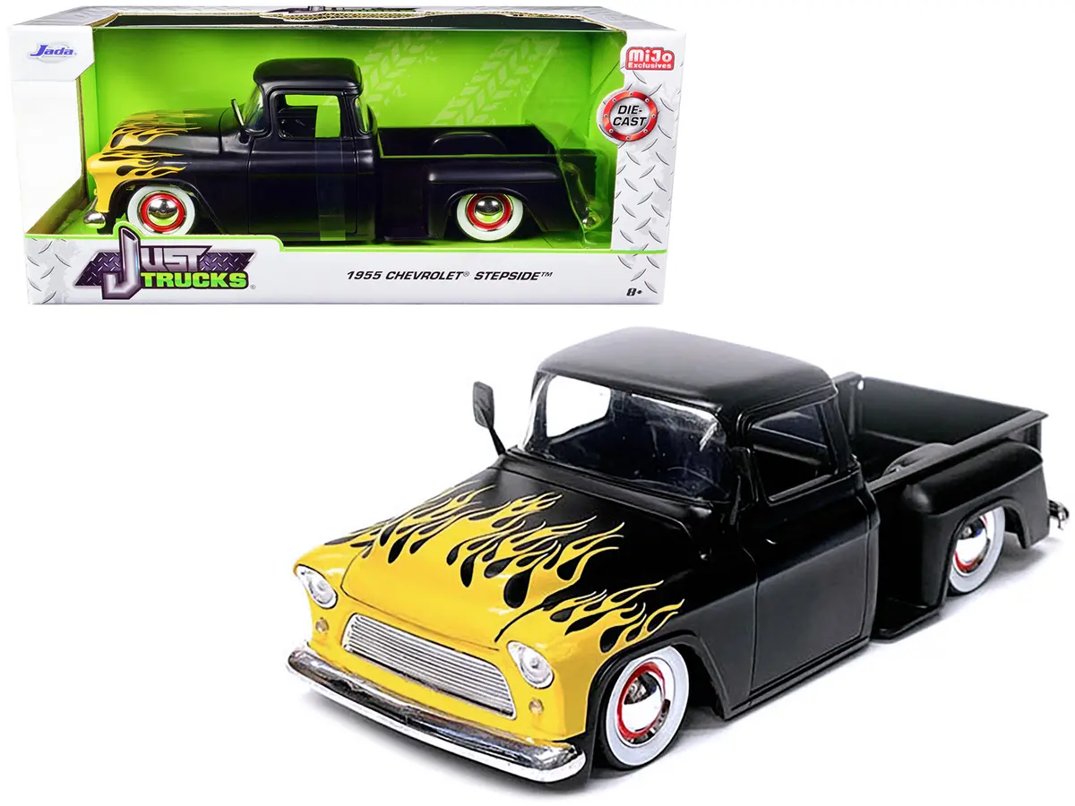 1955 Chevrolet Stepside Pickup Truck Matte Black With Yellow Flames "Just Trucks" Series 1/24 Diecast Model By Jada 1