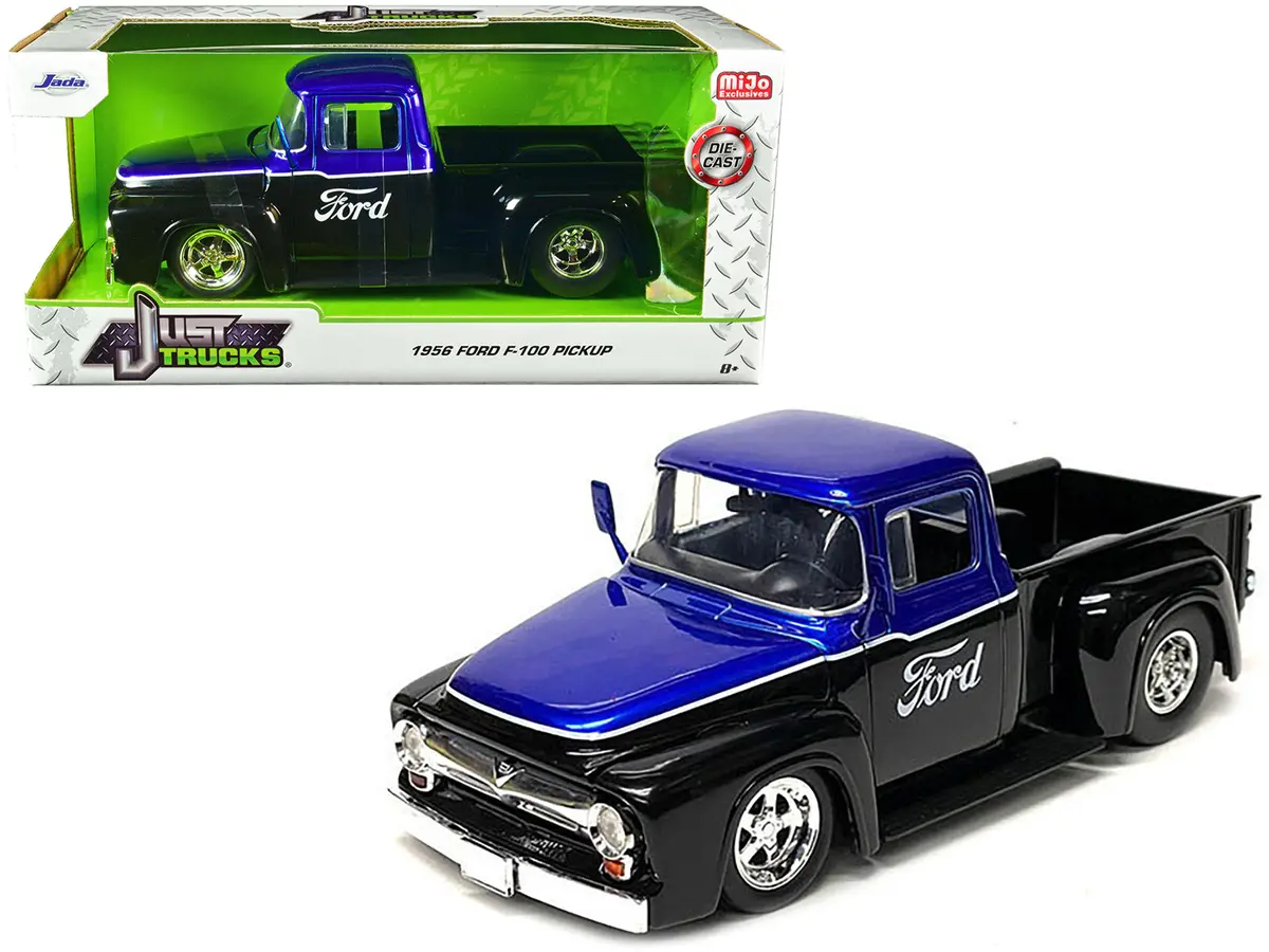 1956 Ford F-100 Pickup Truck Black And Blue Metallic With Ford Graphics "Just Trucks" Series 1/24 Diecast Model By Jada 1