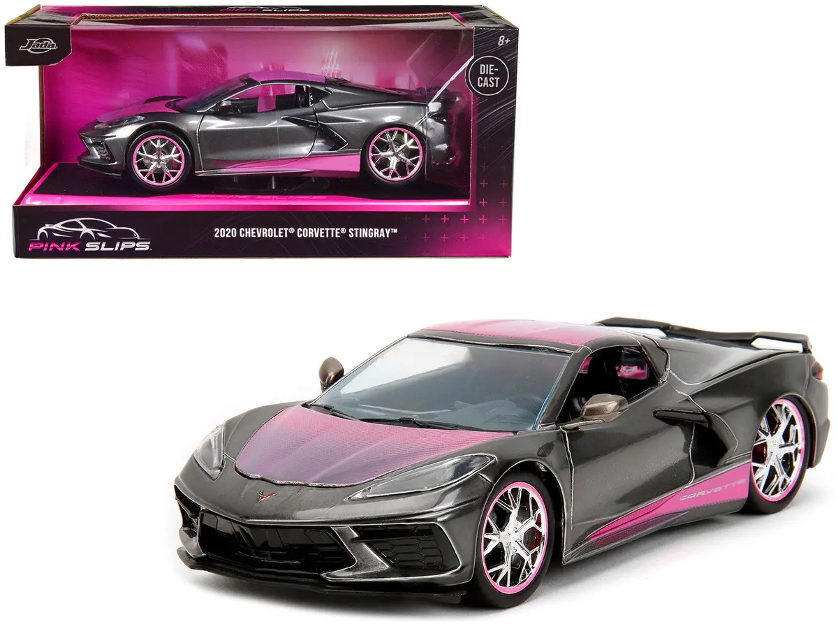 2020 Chevrolet Corvette Stingray Gray Metallic With Pink Carbon Hood And Top "Pink Slips" Series 1/24 Diecast Model Car By Jada 1