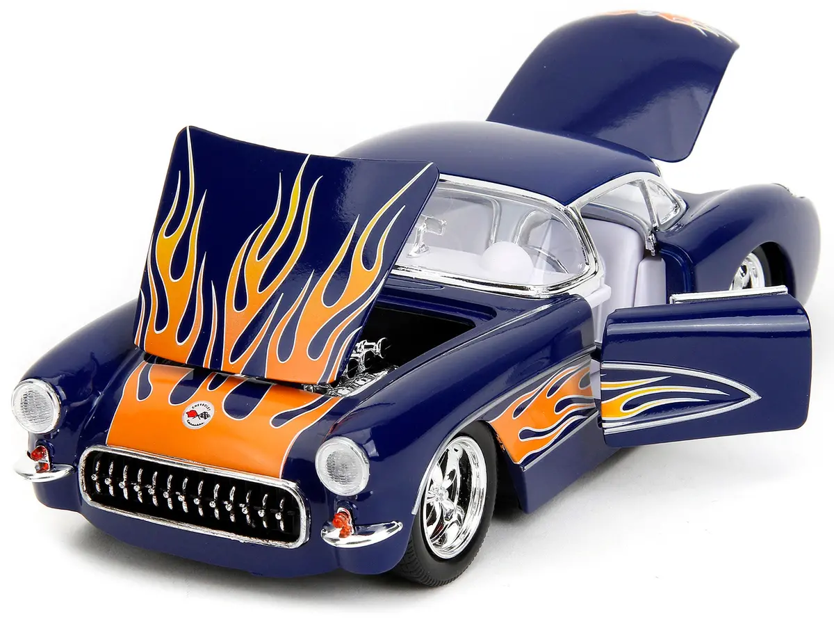 1957 Chevrolet Corvette Dark Blue With Flame Graphics And White Interior "Bigtime Muscle" Series 1/24 Diecast Model Car By Jada 2