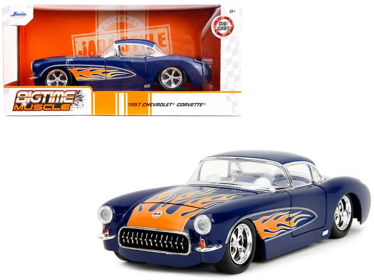 1957 Chevrolet Corvette Dark Blue With Flame Graphics And White Interior "Bigtime Muscle" Series 1/24 Diecast Model Car By Jada 1