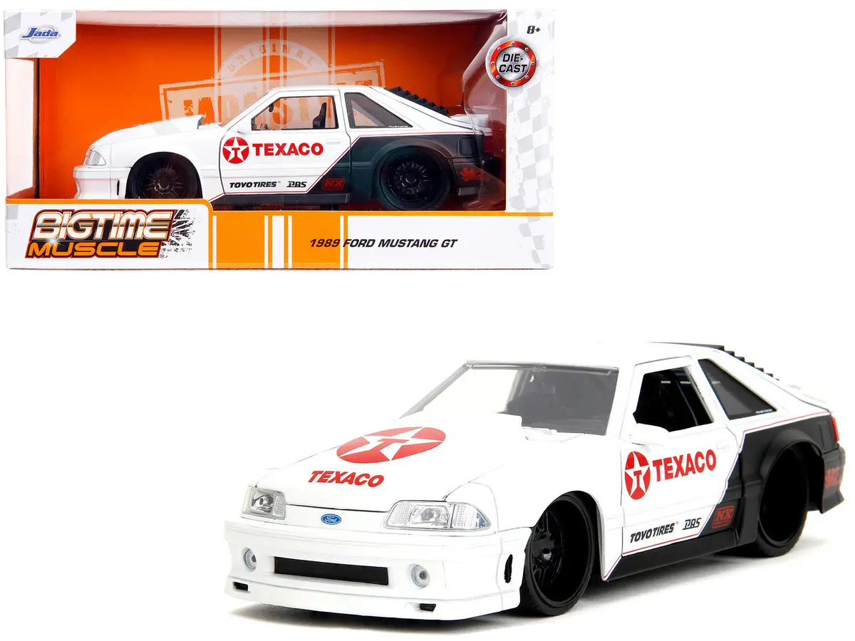 1989 Ford Mustang Gt "Texaco" White And Matte Black With Graphics "Bigtime Muscle" Series 1/24 Diecast Model Car By Jada 1