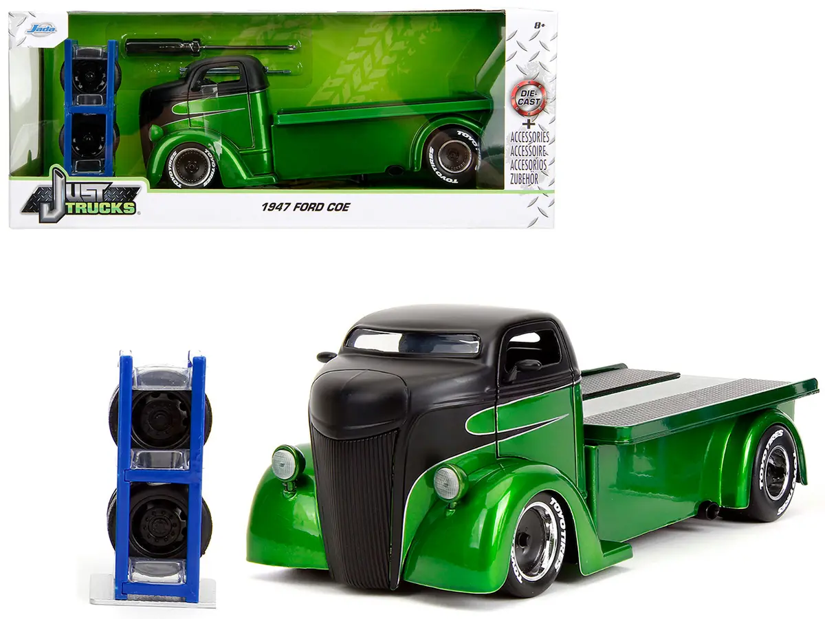 1947 Ford Coe Flatbed Truck Green Metallic And Matte Black "Toyo Tires" With Extra Wheels "Just Trucks" Series 1/24 Diecast Model By Jada 1