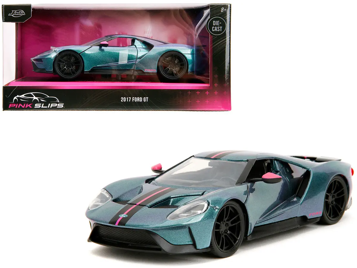 2017 Ford Gt Blue Metallic With Pink And Black Stripes "Pink Slips" Series 1/24 Diecast Model Car By Jada 1