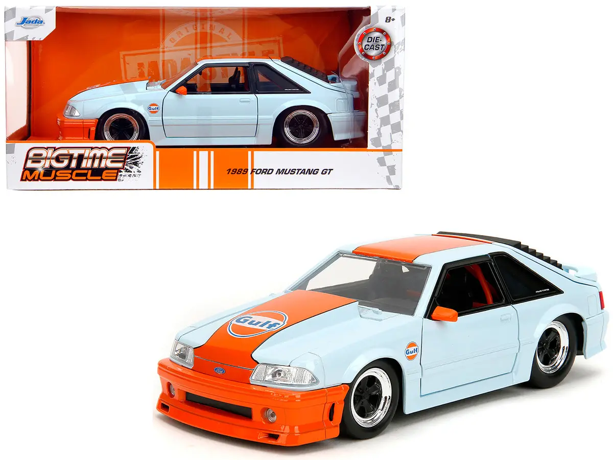 1989 Ford Mustang Gt "Gulf Oil" Light Blue With Orange Stripe "Bigtime Muscle" Series 1/24 Diecast Model Car By Jada 1