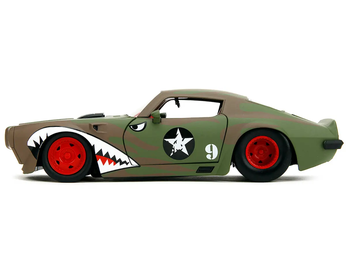 1972 Pontiac Firebird #9 Green Camouflage Flames With Graphics And Red Interior "Bigtime Muscle" Series 1/24 Diecast Model Car By Jada 2