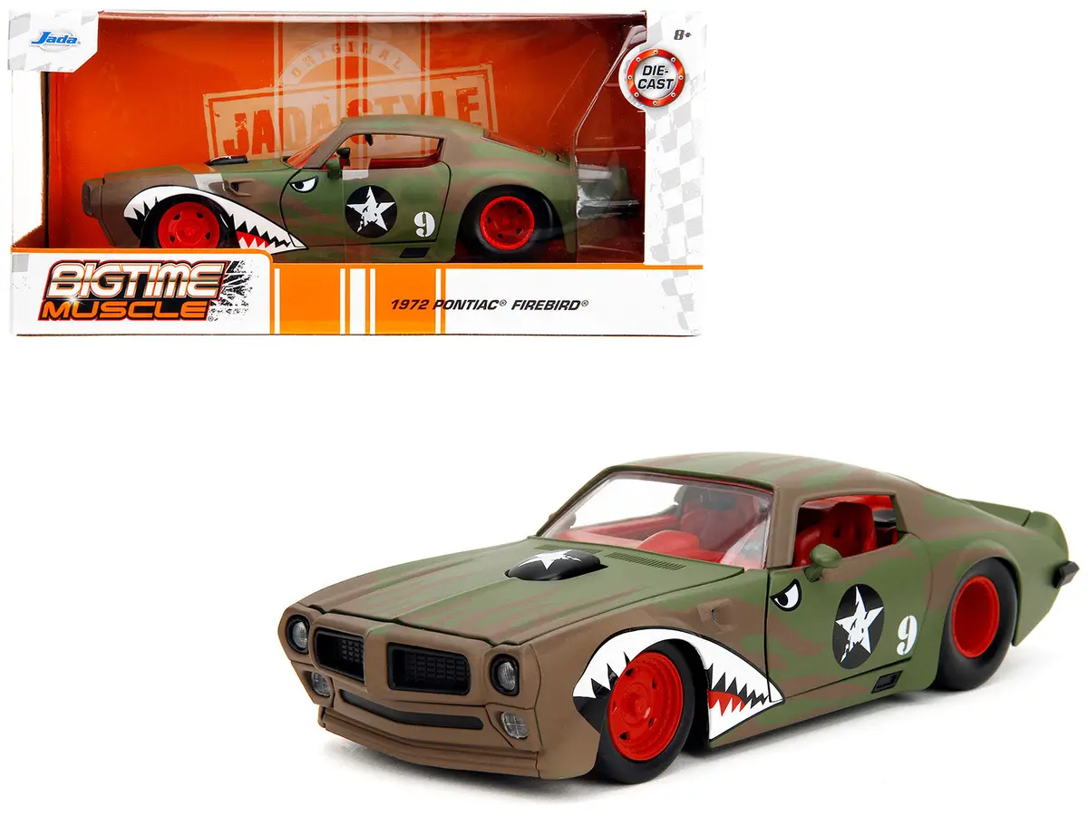 1972 Pontiac Firebird #9 Green Camouflage Flames With Graphics And Red Interior "Bigtime Muscle" Series 1/24 Diecast Model Car By Jada 1