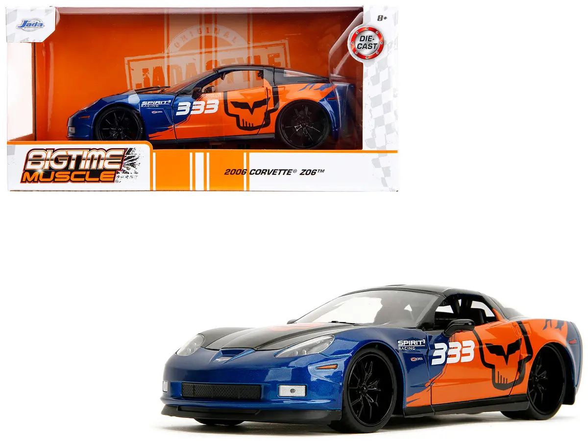 2006 Chevrolet Corvette Z06 #333 "Spirit Racing" Blue Metallic And Orange With Black Hood And Top "Bigtime Muscle" Series 1/24 Diecast Model Car By Jada 1