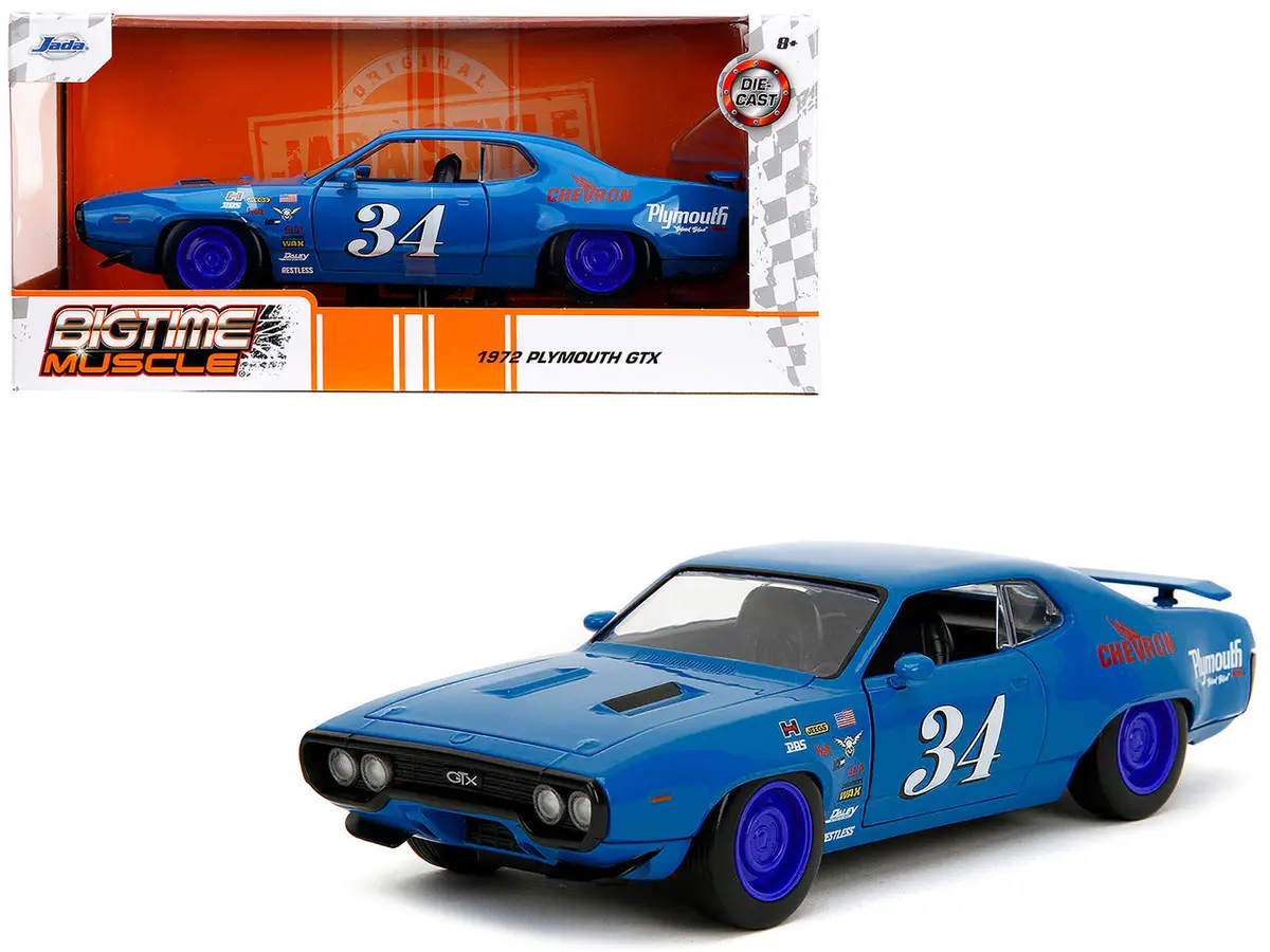1972 Plymouth Gtx #34 Blue With Graphics "Bigtime Muscle" Series 1/24 Diecast Model Car By Jada 1