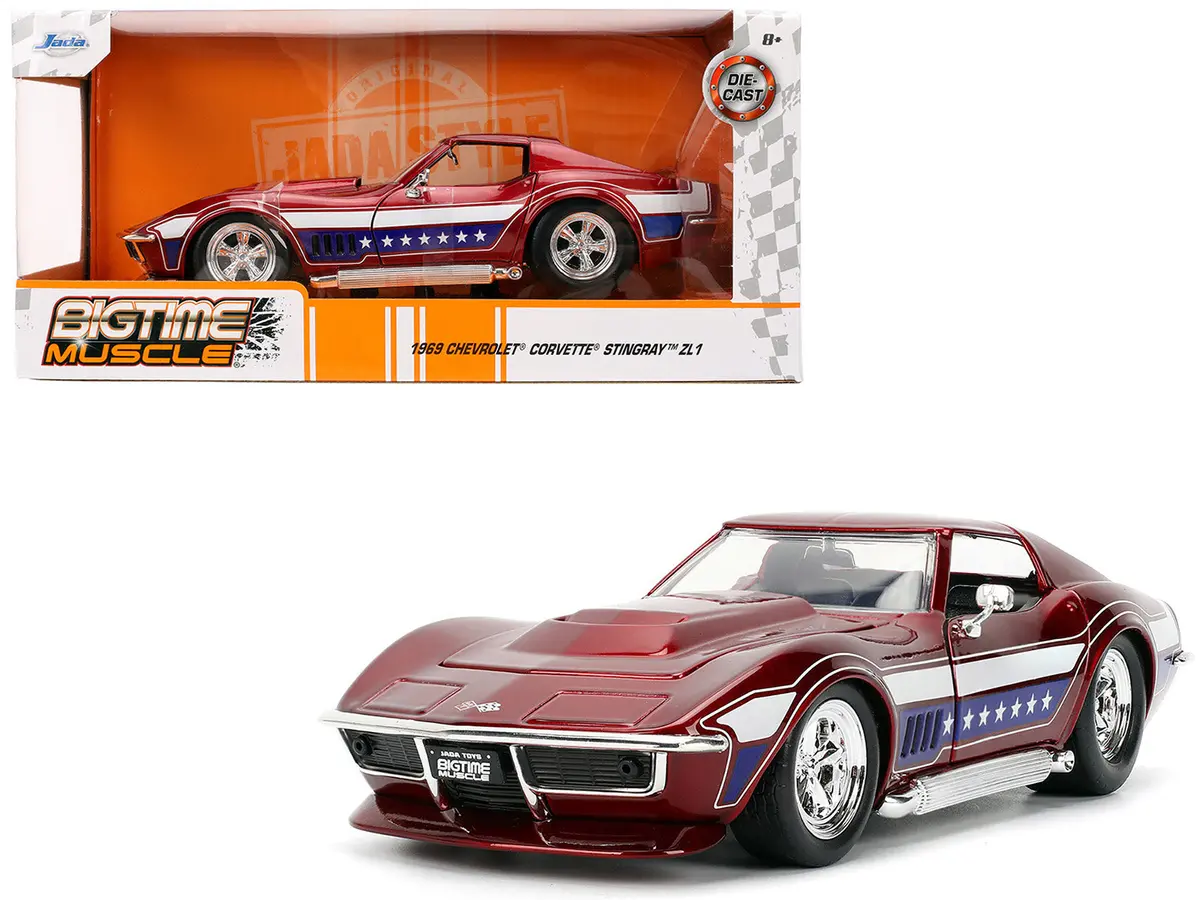 1969 Chevrolet Corvette Stingray Zl1 Red Metallic With Stars And Stripes Graphics "Bigtime Muscle" Series 1/24 Diecast Model Car By Jada 1