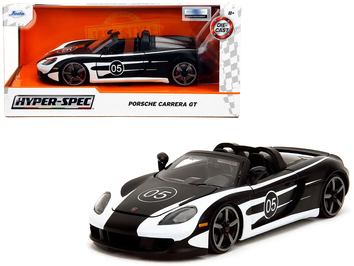 Porsche Carrera Gt Convertible #05 Black With White Graphics "Hyper-Spec" Series 1/24 Diecast Model Car By Jada 1
