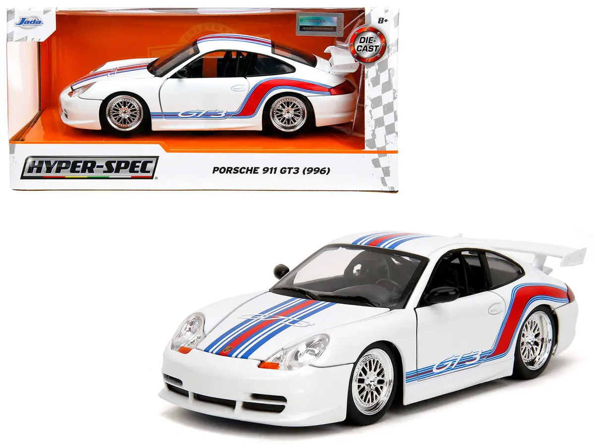 Porsche 911 Gt3 (996) White With Red And Blue Stripes "Hyper-Spec" Series 1/24 Diecast Model Car By Jada 1