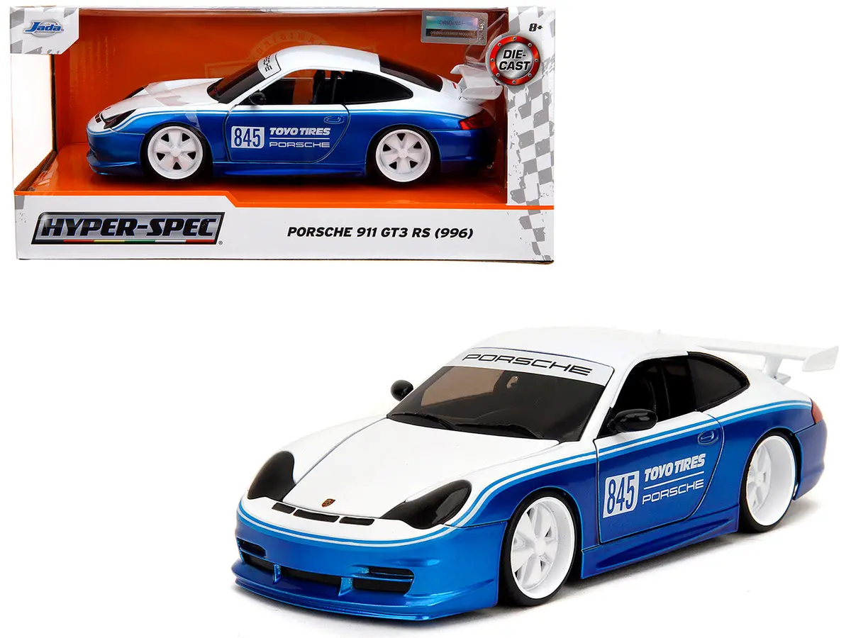 Porsche 911 Gt3 Rs (996) #845 White And Blue Metallic "Toyo Tires" "Hyper-Spec" Series 1/24 Diecast Model Car By Jada 1