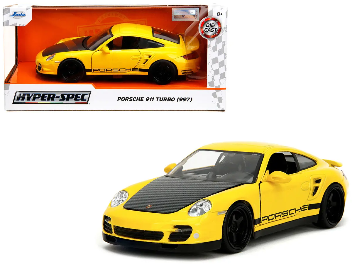 Porsche 911 Turbo (997) Yellow With Carbon Hood "Hyper-Spec" Series 1/24 Diecast Model Car By Jada 1