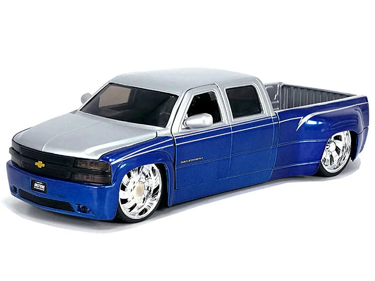 1999 Chevrolet Silverado Dually Pickup Truck Blue Metallic And Silver With Custom Kmc Wheels "Just Trucks" Series 1/24 Diecast Model By Jada 2