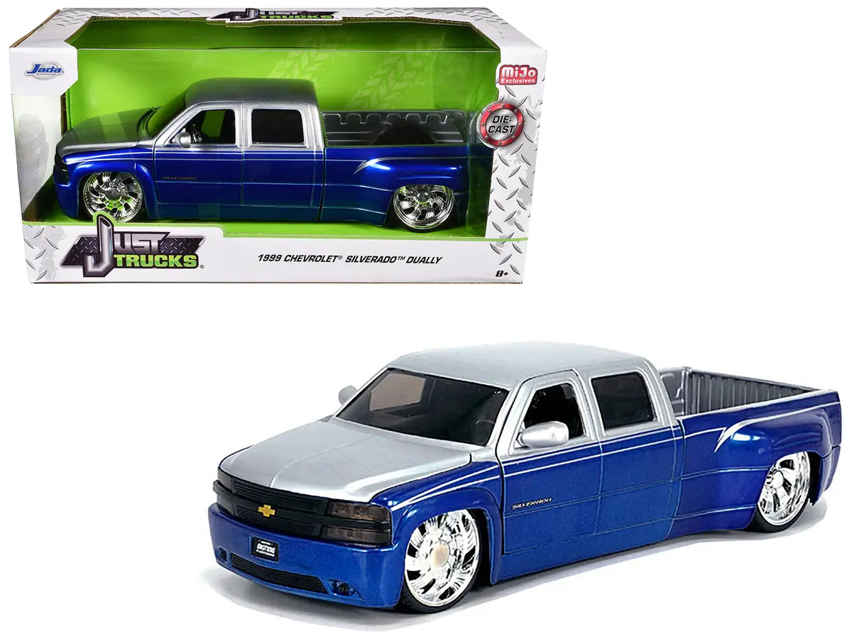 1999 Chevrolet Silverado Dually Pickup Truck Blue Metallic And Silver With Custom Kmc Wheels "Just Trucks" Series 1/24 Diecast Model By Jada 1