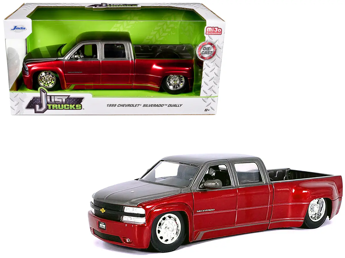 1999 Chevrolet Silverado Dually Pickup Truck Red Metallic And Gray With Stock Wheels "Just Trucks" Series 1/24 Diecast Model By Jada 1