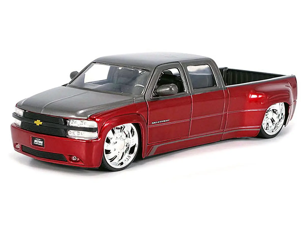1999 Chevrolet Silverado Dually Pickup Truck Red Metallic And Gray With Custom Kmc Wheels "Just Trucks" Series 1/24 Diecast Model By Jada 2