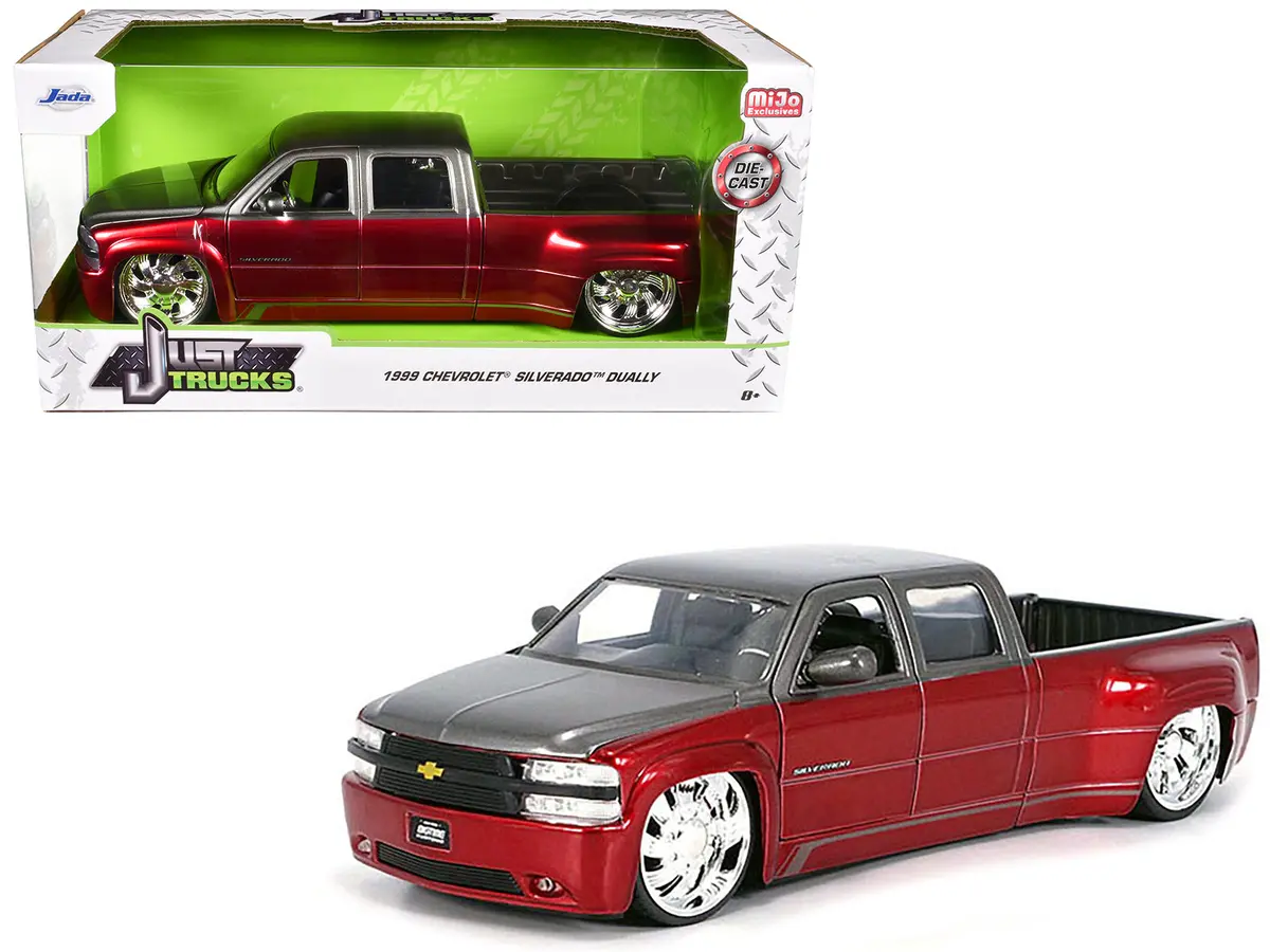 1999 Chevrolet Silverado Dually Pickup Truck Red Metallic And Gray With Custom Kmc Wheels "Just Trucks" Series 1/24 Diecast Model By Jada 1