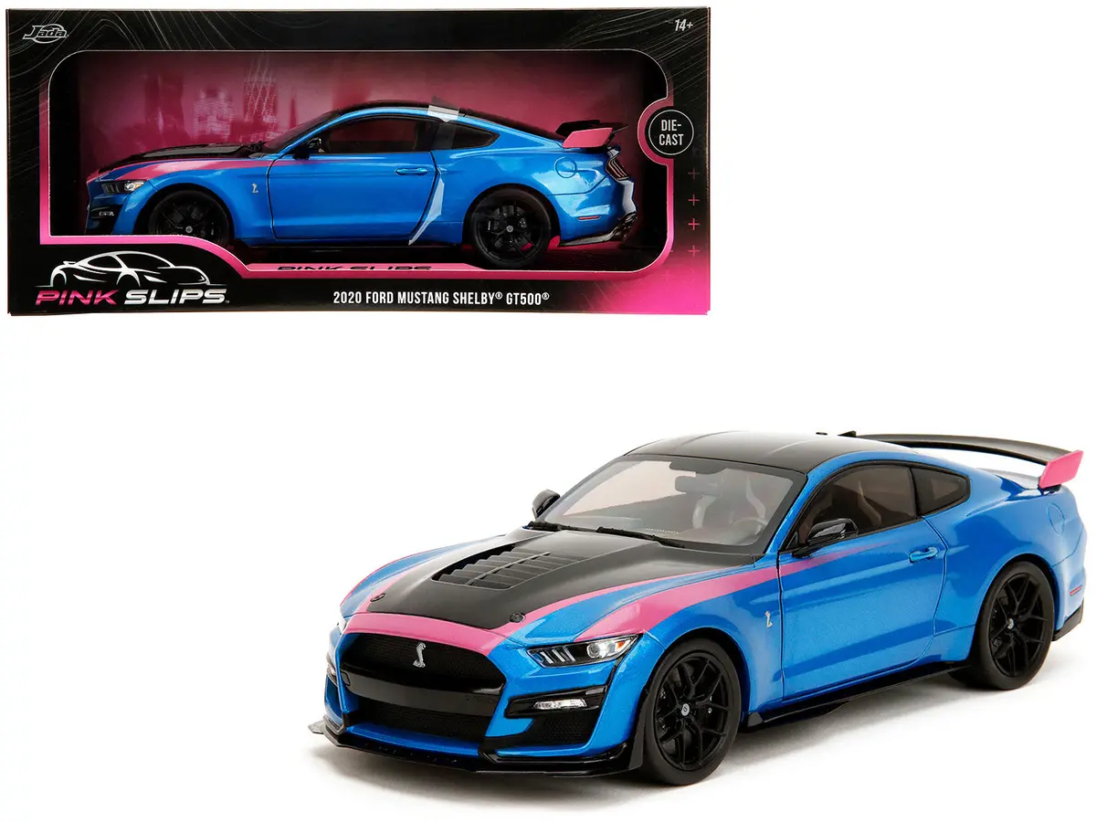 Ford Mustang Shelby Gt500 Blue Metallic With Pink Stripes And Black Hood And Top "Pink Slips" Series 1/18 Diecast Model Car By Jada 1