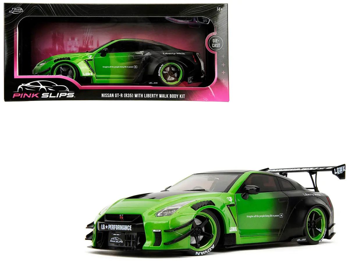 Nissan Gt-R (R35) Liberty Walk Body Kit 2.0 Rhd (Right Hand Drive) Green And Matt Black "Pink Slips" Series 1/18 Diecast Model Car By Jada 1