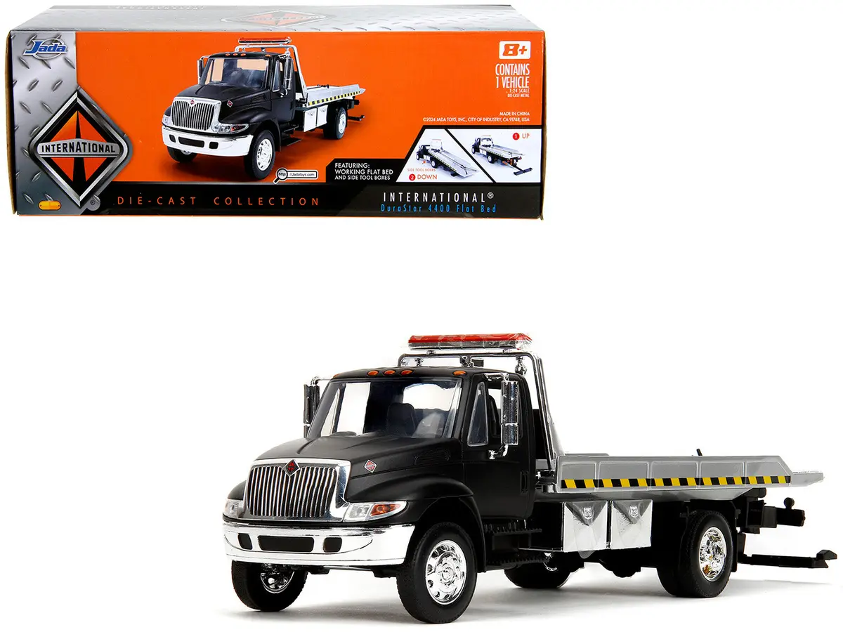 International Durastar 4400 Flatbed Tow Truck Matte Black 1/24 Diecast Model By Jada 1