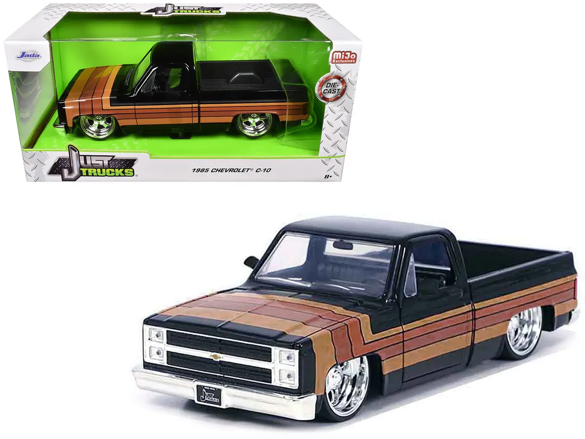 1985 Chevrolet C-10 Pickup Truck Black With Stripes And Paradox Wheels "Just Trucks" Series 1/24 Diecast Model By Jada 1
