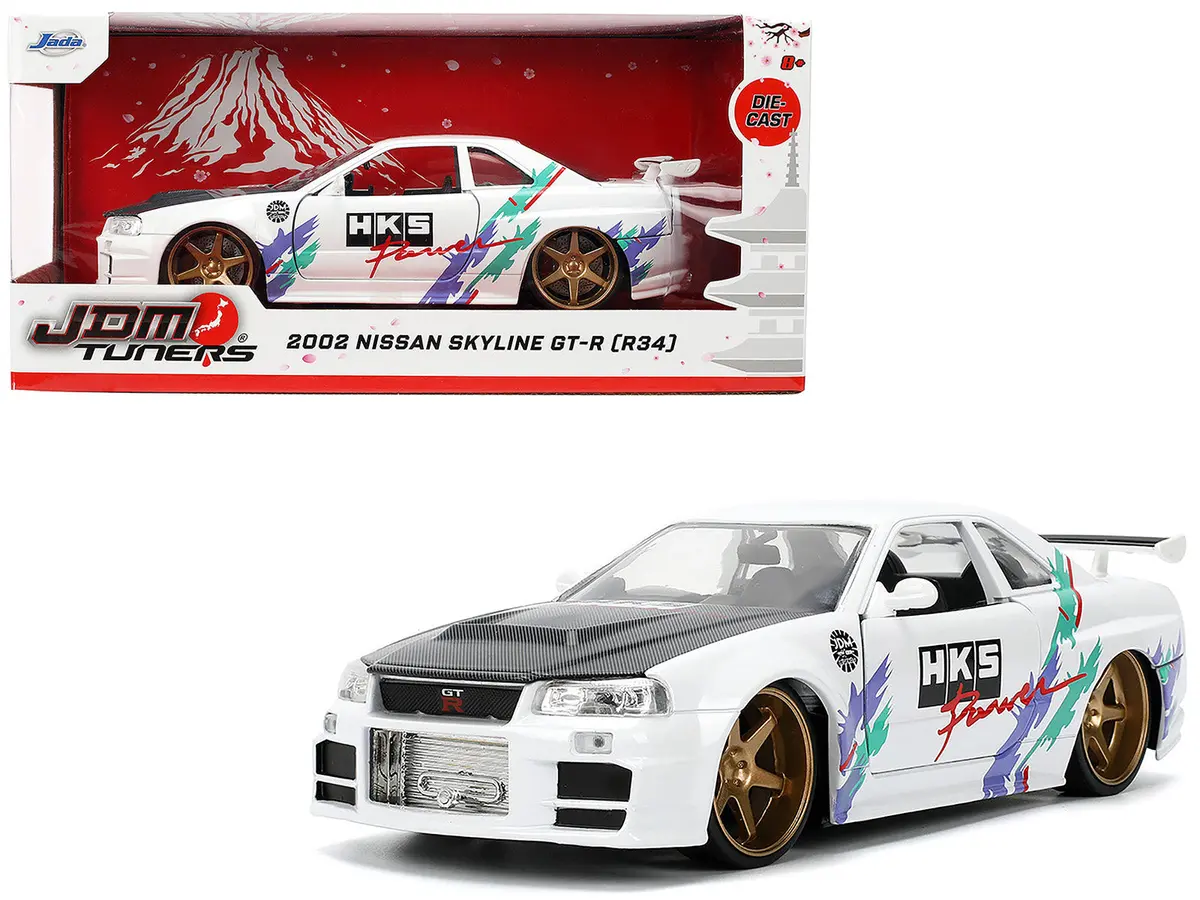 2002 Nissan Skyline Gt-R (R34) Rhd (Right Hand Drive) "Hks Power" White With Carbon Hood And Graphics "Jdm Tuners" Series 1/24 Diecast Model Car By Jada 1