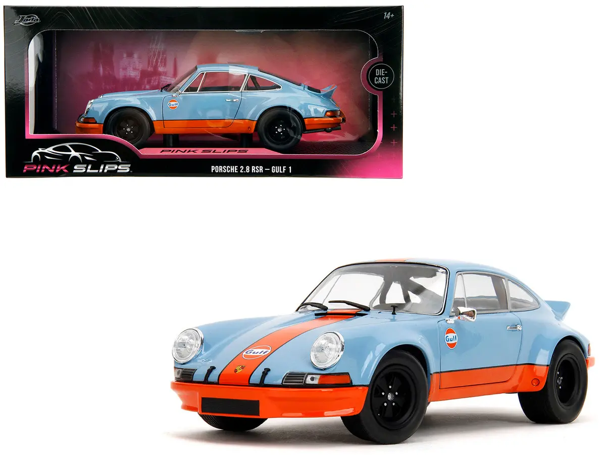 Porsche 911 Rsr "Gulf Oil" Light Blue With Orange Stripes "Pink Slips" Series 1/18 Diecast Model Car By Jada 1