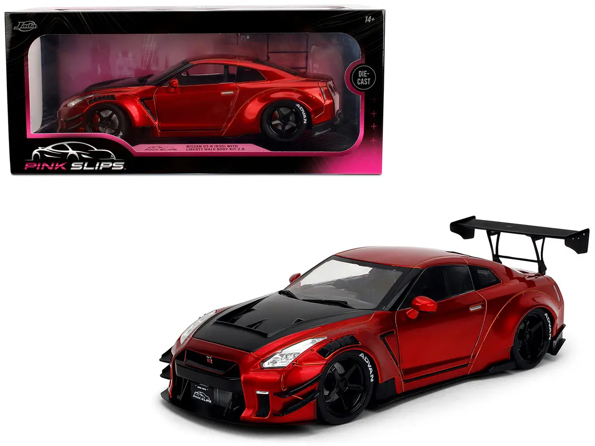 Nissan Gt-R (R35) Liberty Walk Body Kit 2.0 Rhd (Right Hand Drive) Red Metallic With Carbon Hood "Pink Slips" Series 1/18 Diecast Model Car By Jada 1