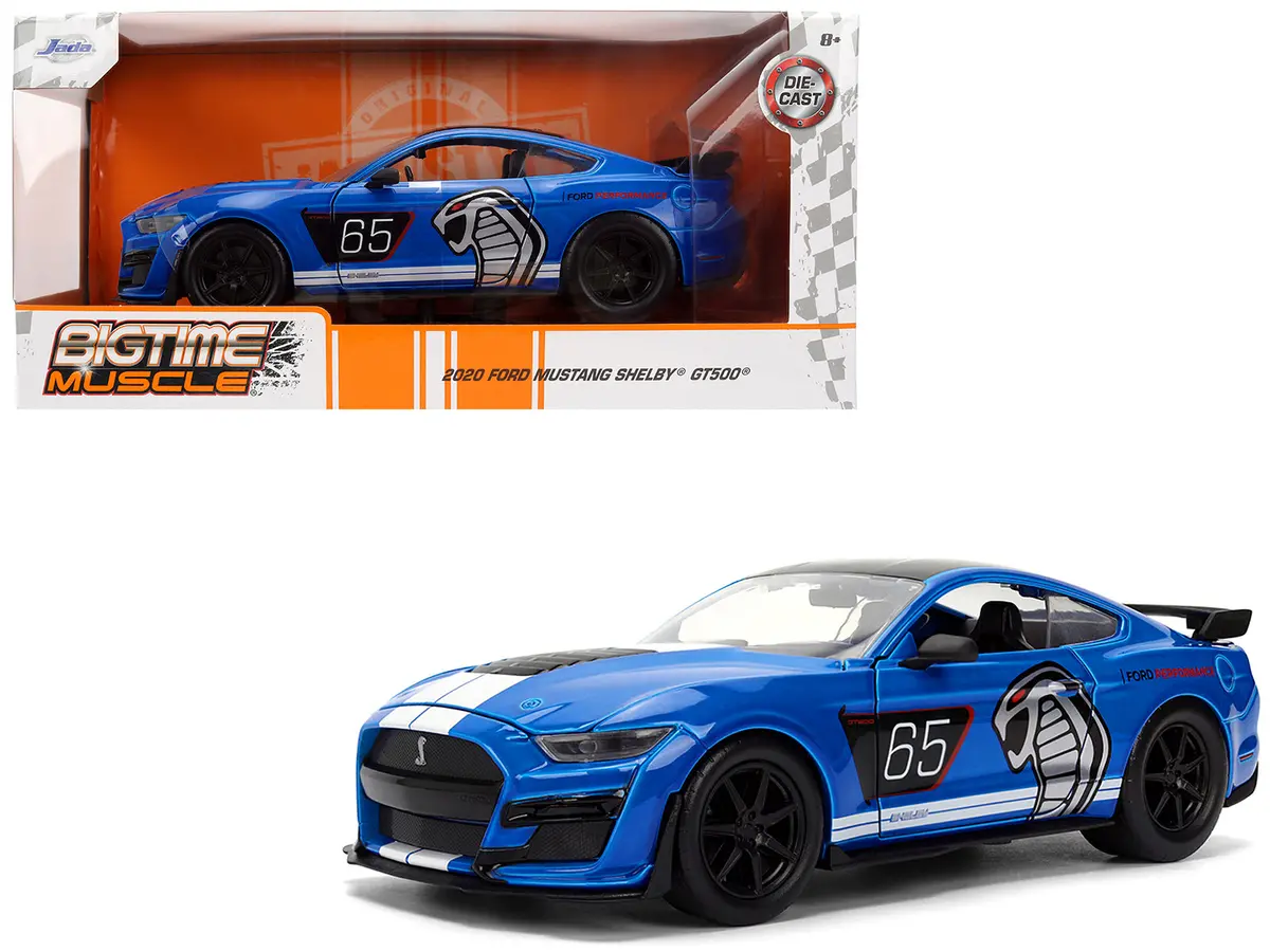 2020 Ford Mustang Shelby Gt500 #65 "Ford Performance" Blue With Black Top And White Stripes "Bigtime Muscle" Series 1/24 Diecast Model Car By Jada 1