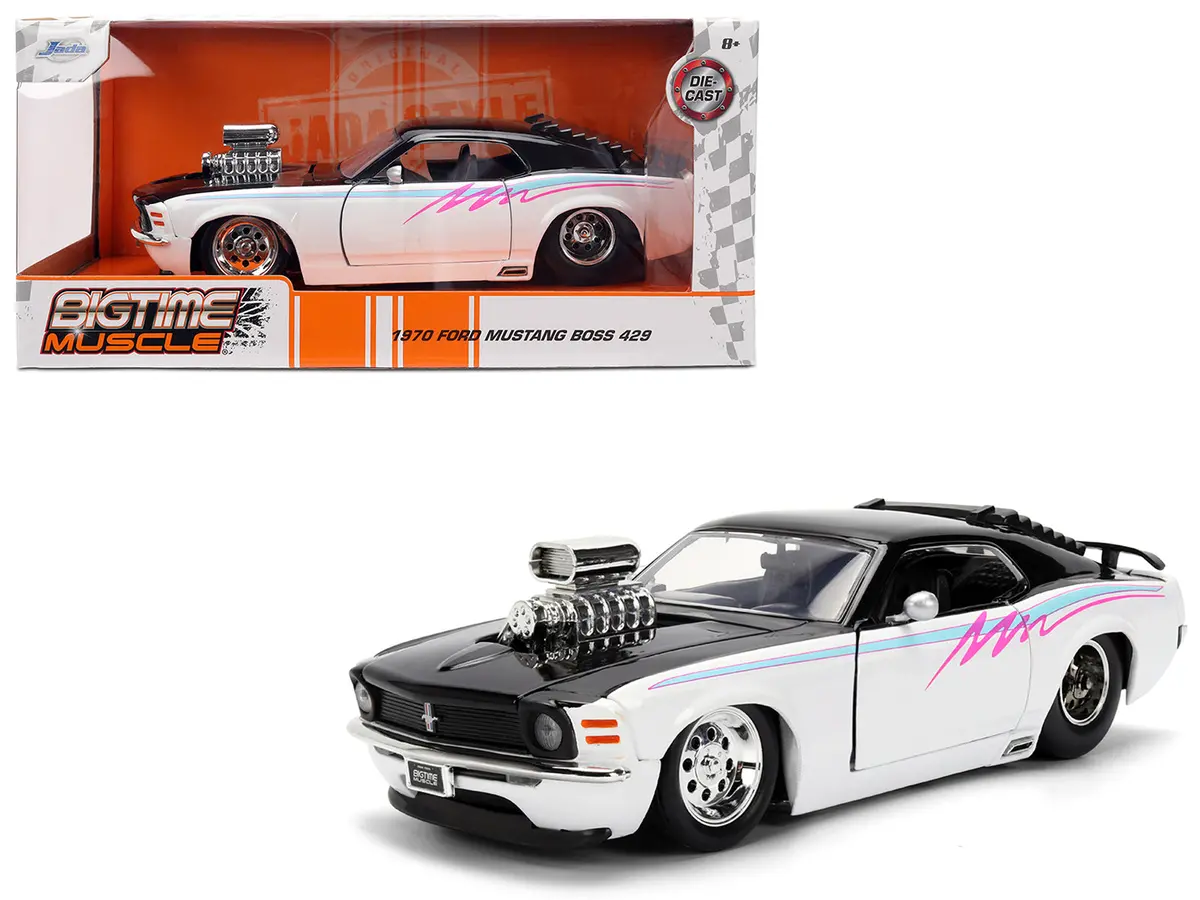 1970 Ford Mustang Boss 429 Black And White With Graphics "Bigtime Muscle" Series 1/24 Diecast Model Car By Jada 1