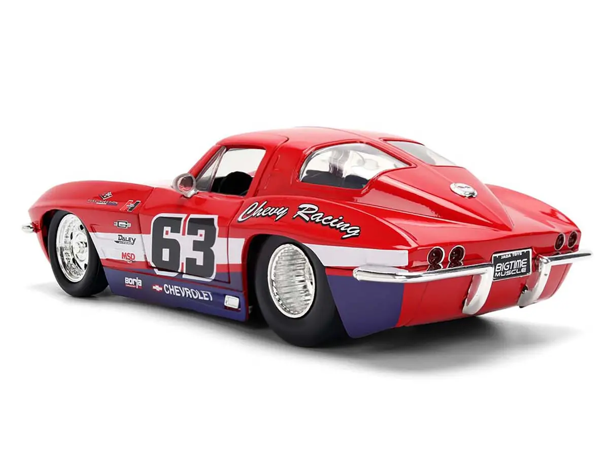 1963 Chevrolet Corvette Stingray #63 "Chevy Racing" Red With White And Blue Stripes "Bigtime Muscle" Series 1/24 Diecast Model Car By Jada 2