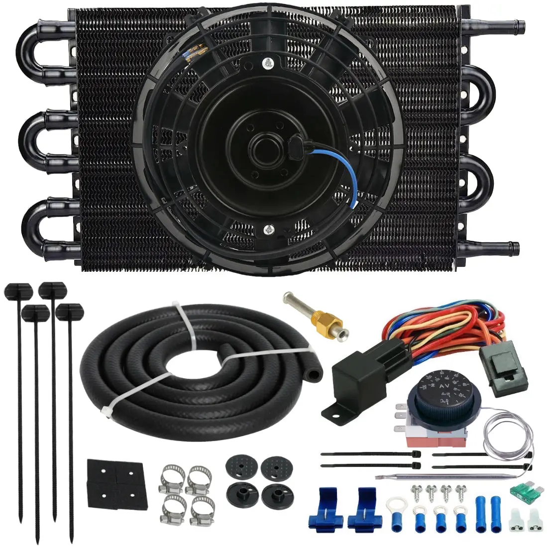 6 Row 3/8" 6An Hose Transmission Oil Cooler Electric Fan Adjustable Thermostat 1