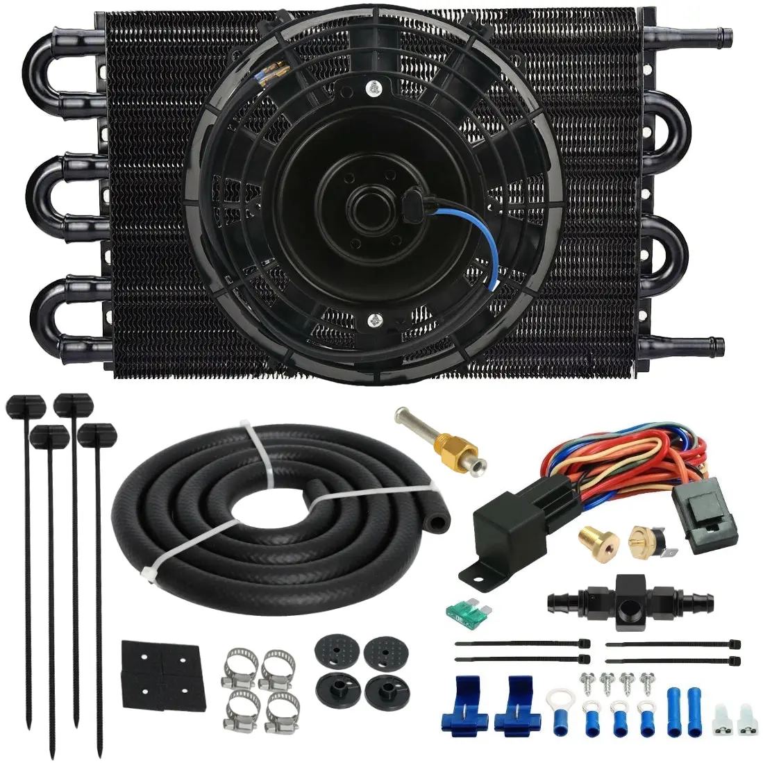 6 Pass 3/8" Transmission Oil Cooler Electric Fan 6An Hose Temperature Switch 1