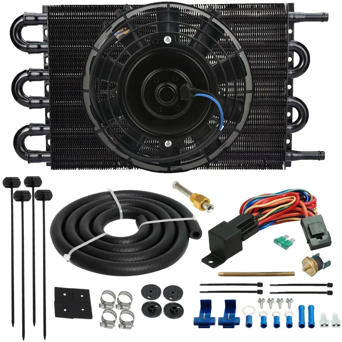6 Pass 3/8" Hose Transmission Oil Cooler Electric Fan Push-In Probe Thermostat 1