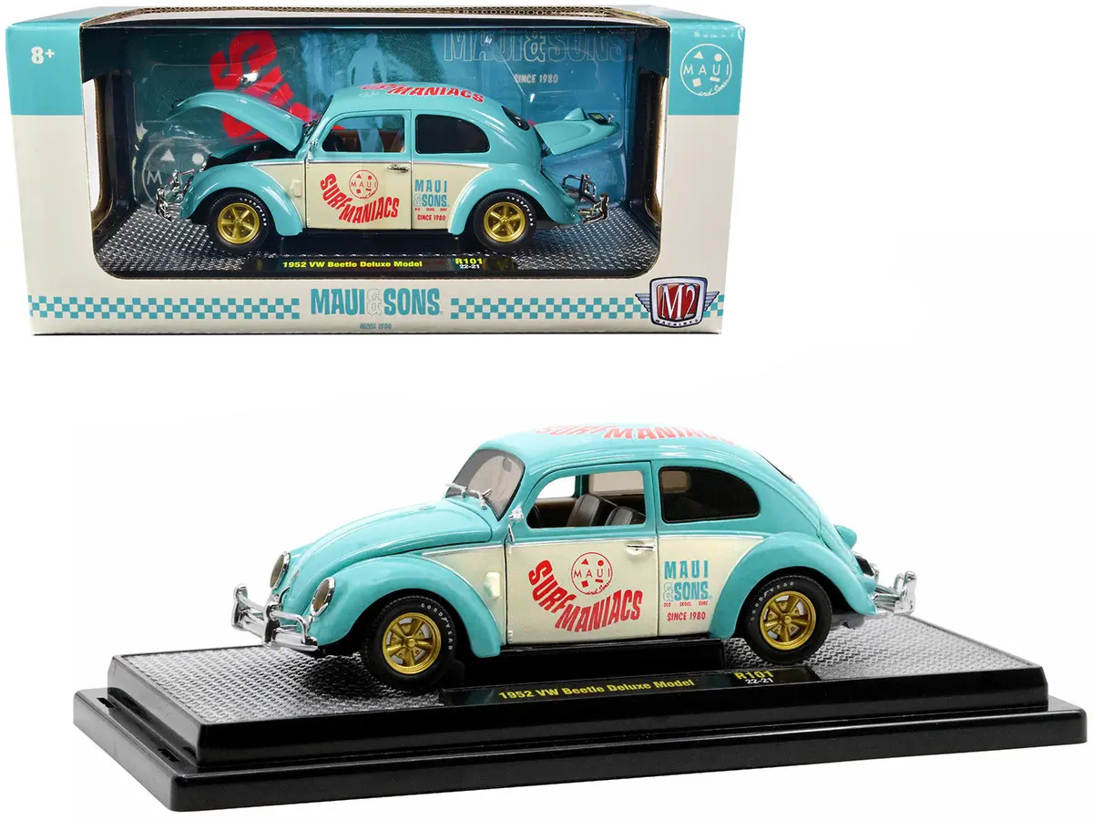 1952 Volkswagen Beetle Deluxe Model Light Blue And Wimbledon White “Maui & Sons” Limited Edition To 3,850 Pieces Worldwide 1/24 Diecast Model Car By M2 Machines 1