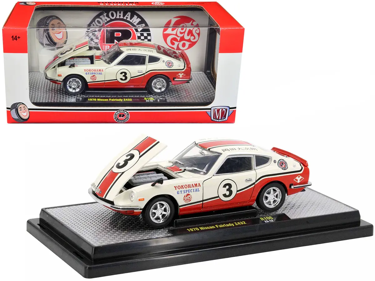 1970 Nissan Fairlady Z 432 Rhd (Right Hand Drive) #3 Wimbledon White With Red And Black Stripes "Yokohama Gt Special" Limited Edition To 5,250 Pieces Worldwide 1/24 Diecast Model Car By M2 Machines 1