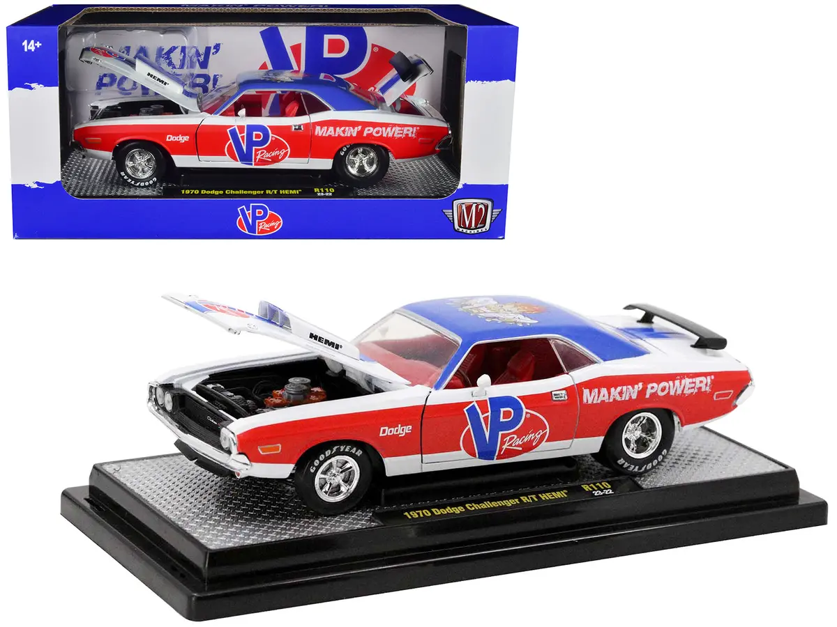 1970 Dodge Challenger R/T Hemi White With Red And Blue Stripes With Red Interior "Vp Racing" Limited Edition To 5710 Pieces Worldwide 1/24 Diecast Model Car By M2 Machines 1