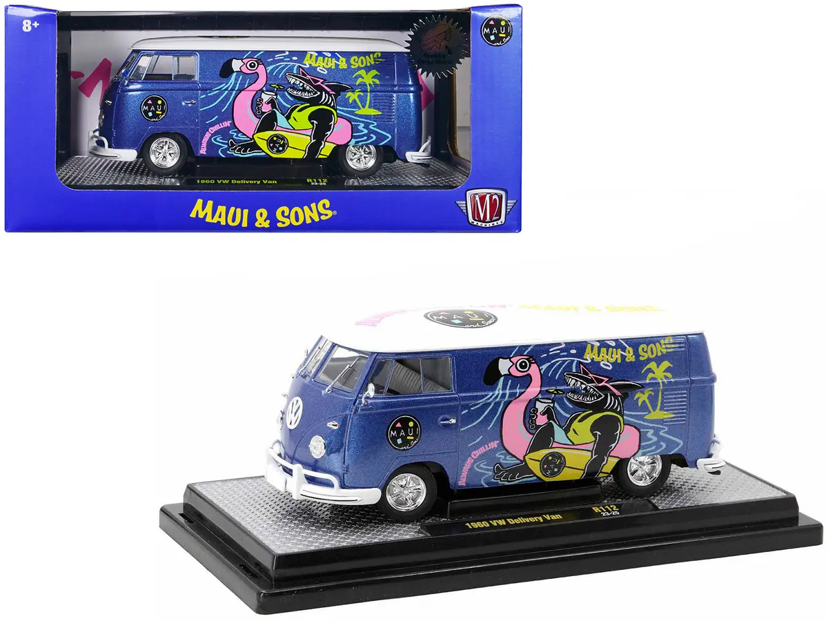 1960 Volkswagen Delivery Van Blue Metallic With White Top "Maui And Sons" Limited Edition To 6550 Pieces Worldwide 1/24 Diecast Model By M2 Machines 1