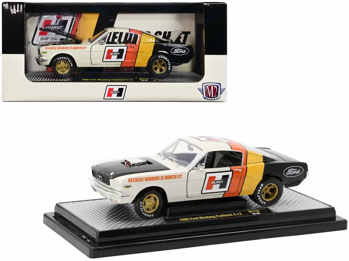 1966 Ford Mustang Fastback 2+2 Off White And Black With Red And Yellow Stripes "Hurst Shifters" Limited Edition To 6000 Pieces Worldwide 1/24 Diecast Model Car By M2 Machines 1