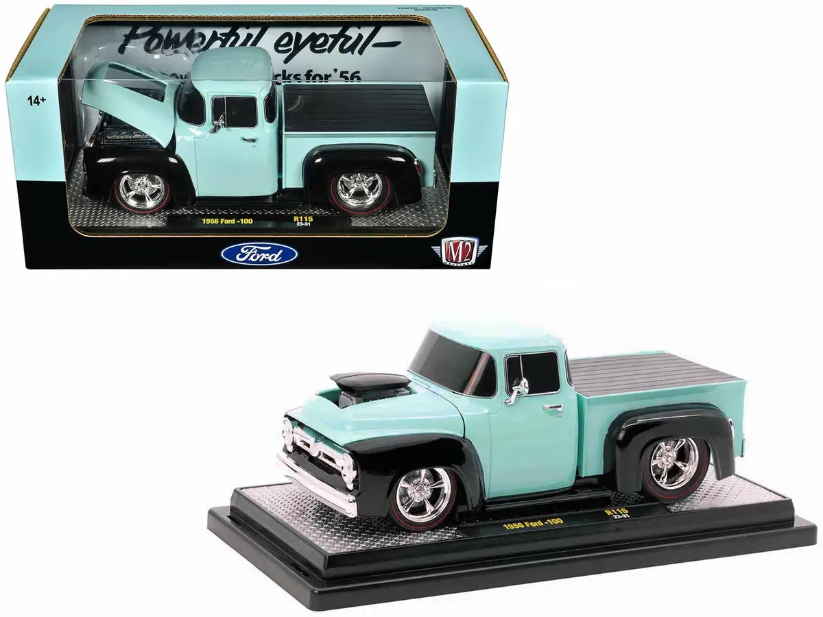 1956 Ford F-100 Pickup Truck Light Blue And Black Limited Edition To 6250 Pieces Worldwide 1/24 Diecast Model By M2 Machines 1