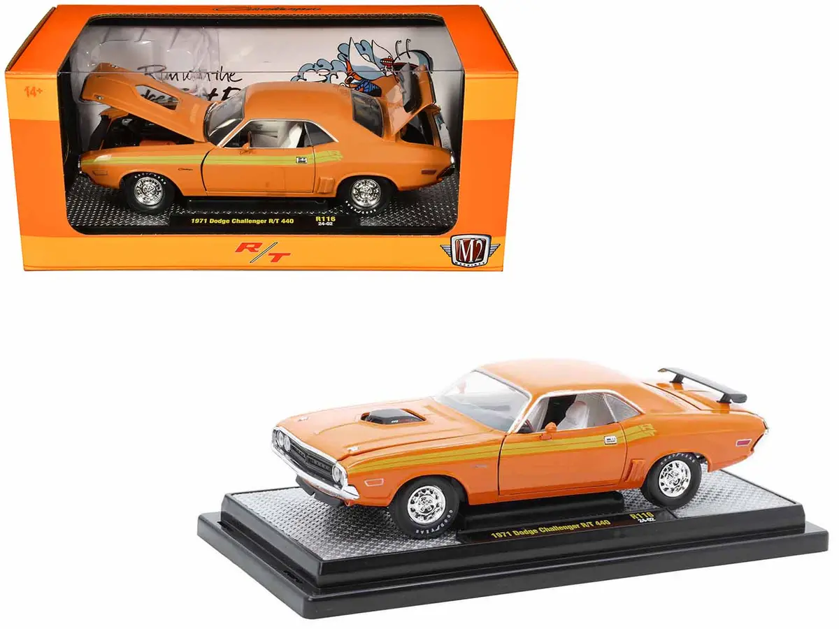 1971 Dodge Challenger R/T 440 Orange With Yellow Stripes And White Interior Limited Edition To 5250 Pieces Worldwide 1/24 Diecast Model Car By M2 Machines 1