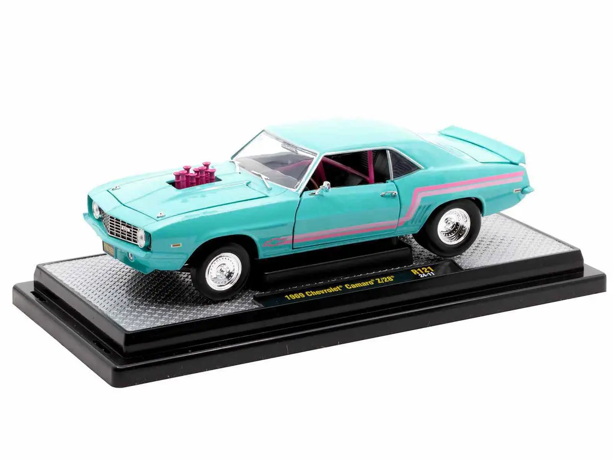 1969 Chevrolet Camaro Z/28 Light Blue With Pink Stripes "Pro Street" Limited Edition To 6250 Pieces Worldwide 1/24 Diecast Model Car By M2 Machines 2