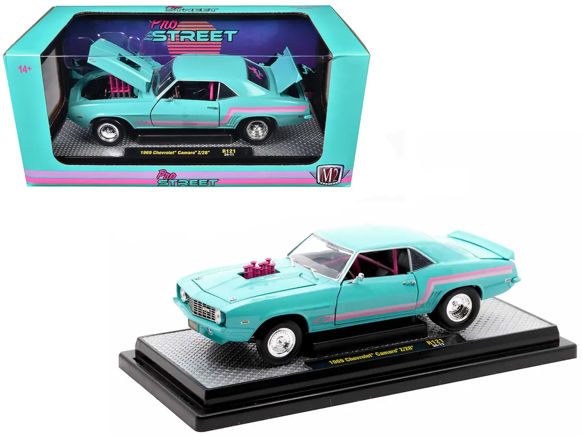 1969 Chevrolet Camaro Z/28 Light Blue With Pink Stripes "Pro Street" Limited Edition To 6250 Pieces Worldwide 1/24 Diecast Model Car By M2 Machines 1